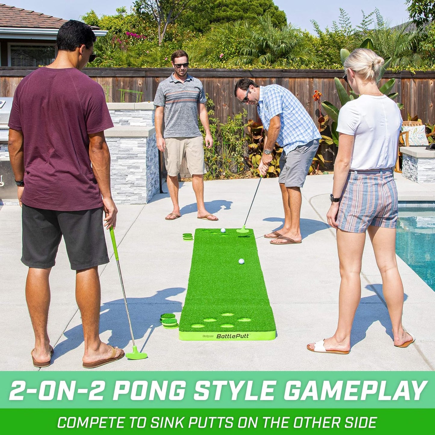 Battleputt Golf Putting Game, 2-On-2 Pong Style Play with 11 Ft Putting Green, 2 Putters and 2 Golf Balls