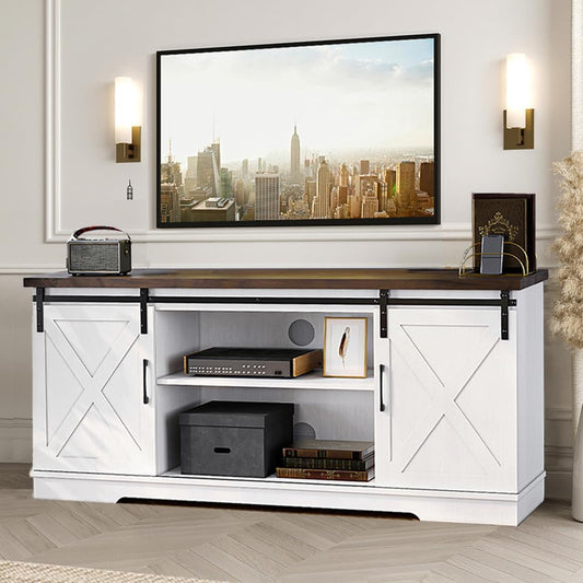 TV Stand Farmhouse Entertainment Center for 65 Inch TV Media Console Cabinet, Gray Barn Doors TV Stand with Storage and Shelves, Modern TV Console Table Furniture (White)