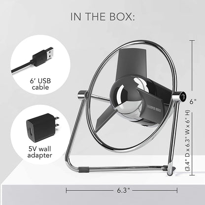 SBM1-SI USB Fan with Soft Blades, 2 Speeds, Touch Control, Quiet Operation, Metal Frame, 5V Wall Adapter, 6 Ft. Cable, Personal, Black/Chrome