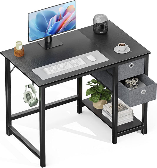 Small Computer Desk with Drawers 40 Inch Office Writing Work Kids Study 2-Tier Wood Corner Table with Storage Drawers Shelf for Bedroom Home Office - Black