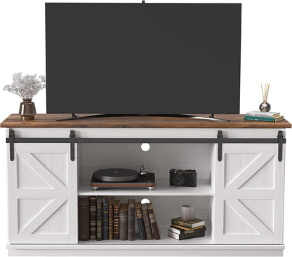 TV Stand for 65 Inch TV, Entertainment Center with Storage Cabinets and Sliding Barn Doors, Mid Century Modern Media TV Console Table for Living Room Bedroom (Bright White)