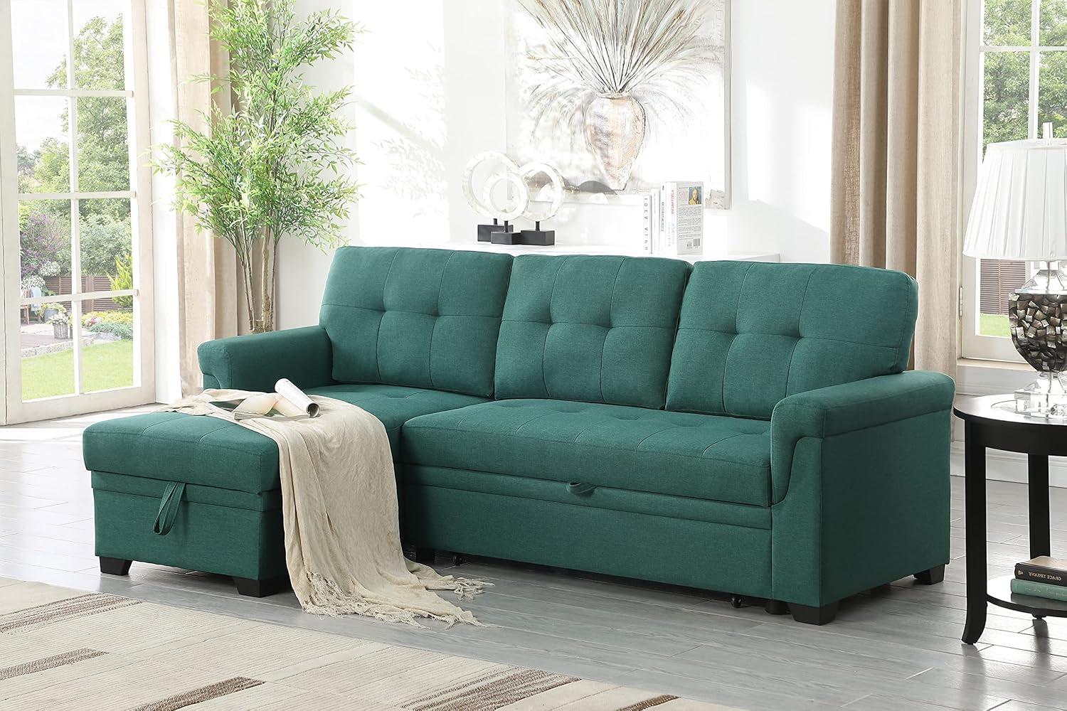 Lucca Green Linen Reversible Sleeper Sectional Sofa with Storage Chaise