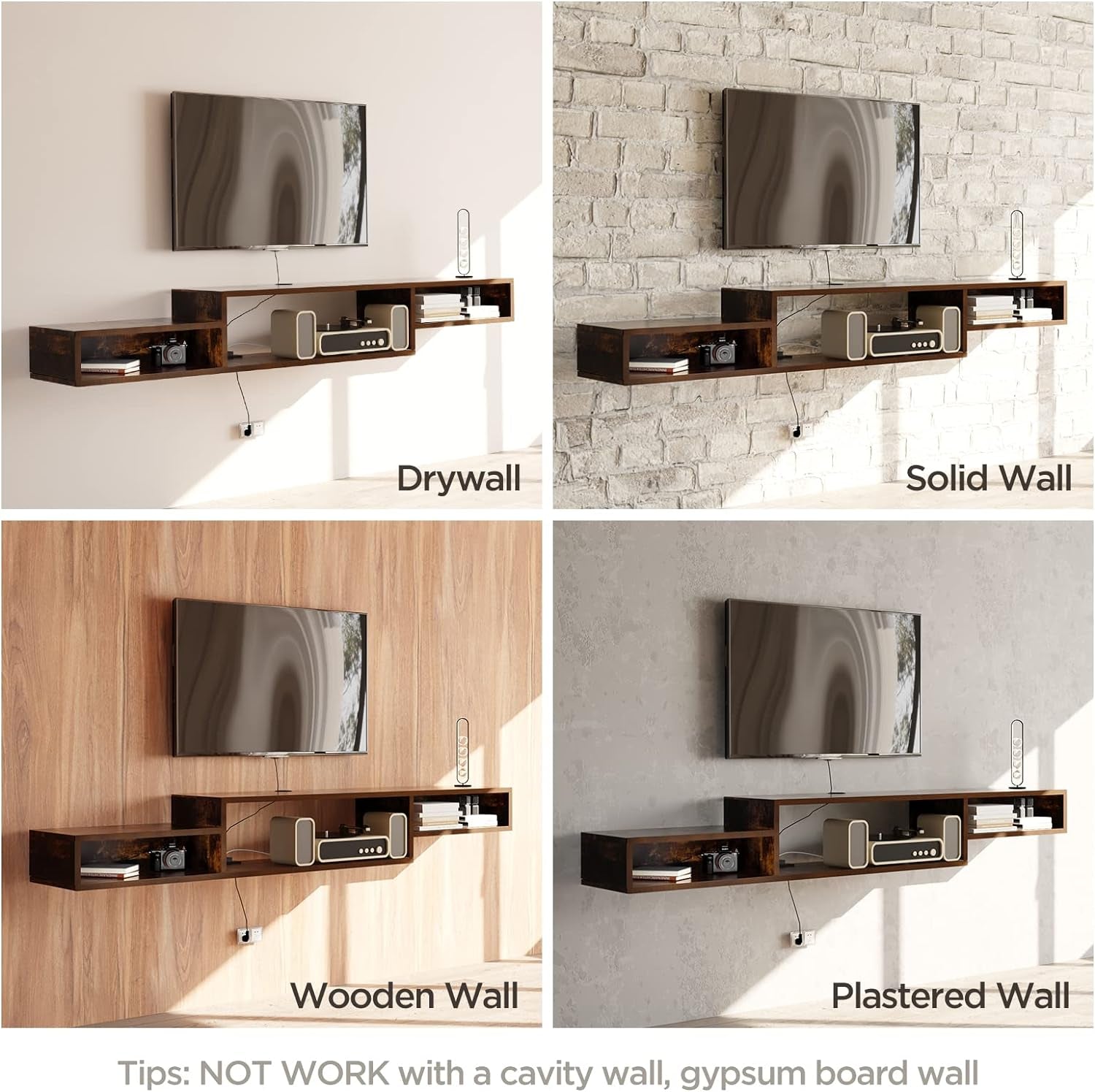 Floating TV Stand Wall Mounted with Power Outlet 59", Floating Entertainment Center, Wood Media Console Shelf for under TV Storage for Living Room Bedroom Office Rustic Brown