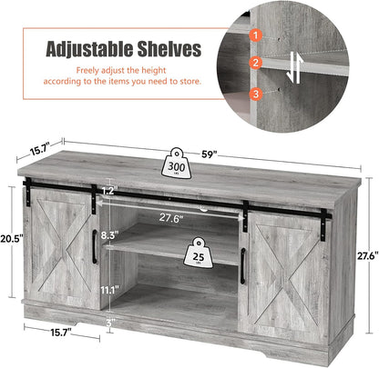 TV Stand Farmhouse Entertainment Center for 65 Inch TV Media Console Cabinet, Gray Barn Doors TV Stand with Storage and Shelves, Modern TV Console Table Furniture (Gray)