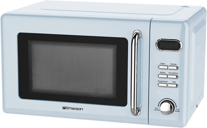 MWR7020BL Retro Compact Countertop Microwave Oven with Button Control, LED Display, 700W 5 Power Levels, 8 Auto Menus, Glass Turntable and Child Safe Lock, 0.7, Thunderbird Blue