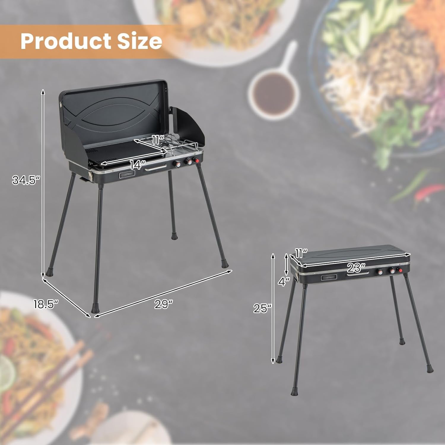 2-Burner Propane Camping Stove, Portable Gas Grill Cooker with Removable Leg Stand, Roast Grill, Dual Control Knobs, Wind Guards, Outdoor Grill Stove for Camping BBQ Picnic