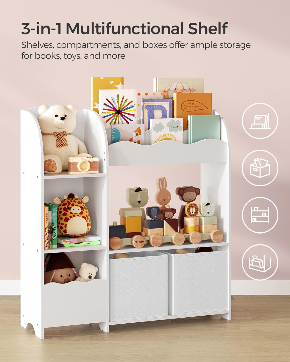 Toy and Book Organizer for Kids, Kids Bookshelf and Toy Storage, Storage Organizer with 2 Storage Boxes, for Playroom, Children'S Room, Living Room, Cloud White UGKR042W01