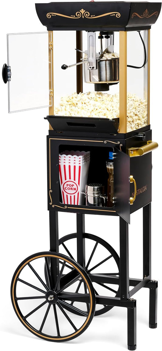 Popcorn Maker Machine - Professional Cart with 2.5 Oz Kettle Makes up to 10 Cups - Vintage Popcorn Machine Movie Theater Style - Black