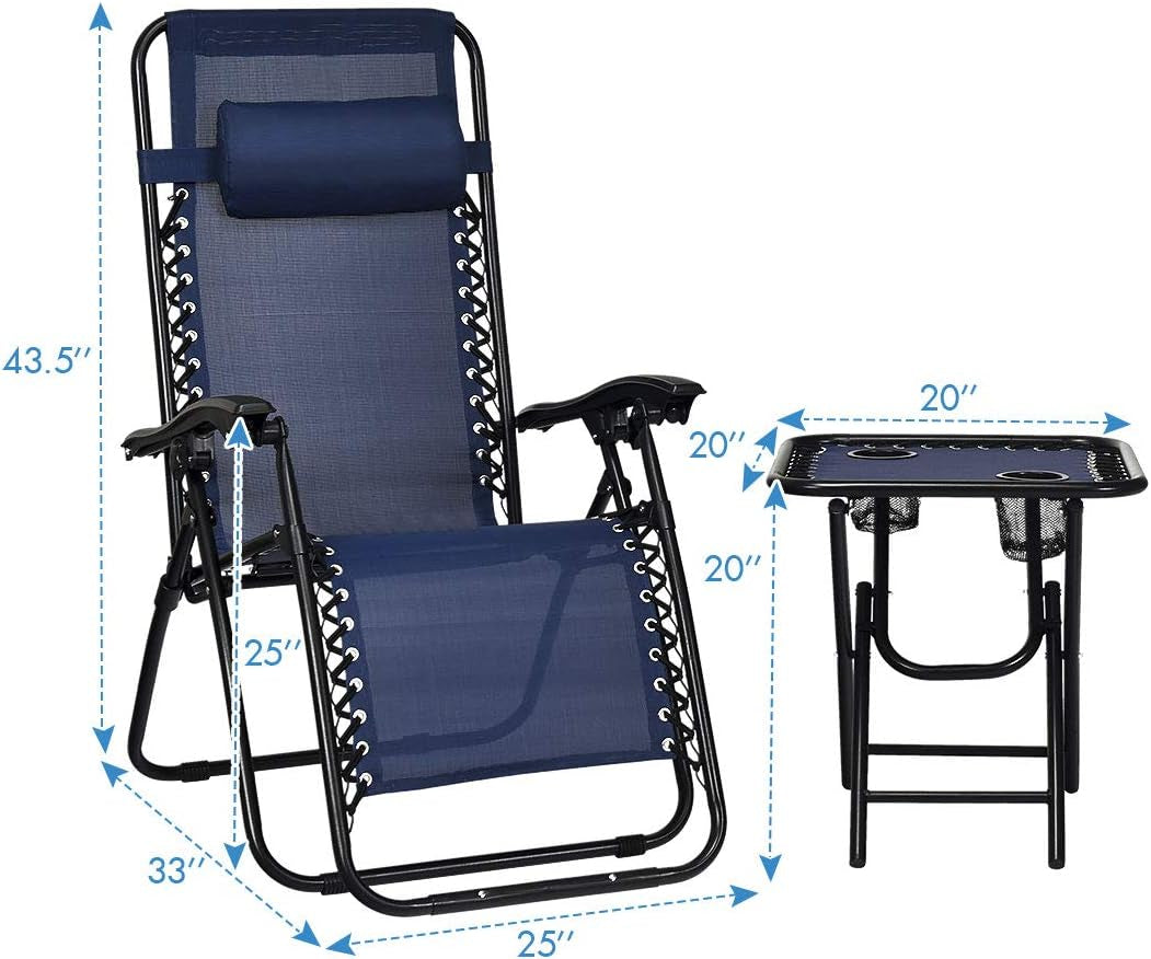 3 PCS Zero Gravity Chair Patio Chaise Lounge Chairs Outdoor Yard Pool Recliner Folding Lounge Table Chair Set (Navy)