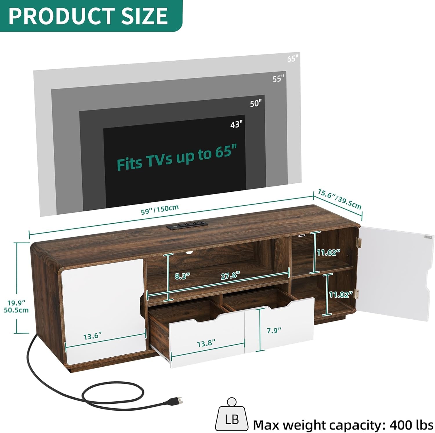 LED TV Stand with Power Outlets, Walnut TV Stand Mid Century Entertainment Center for up to 65 Inches TV, Media Console Table Modern TV Cabinet with Large Drawer for Living Room, Walnut