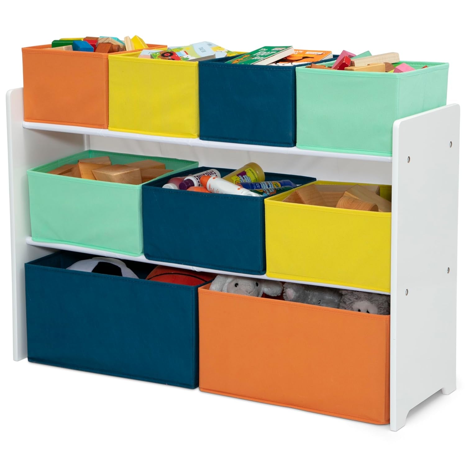 Deluxe Multi-Bin Toy Organizer with Storage Bins - Greenguard Gold Certified, White with Navy/Green/Pastel Bins