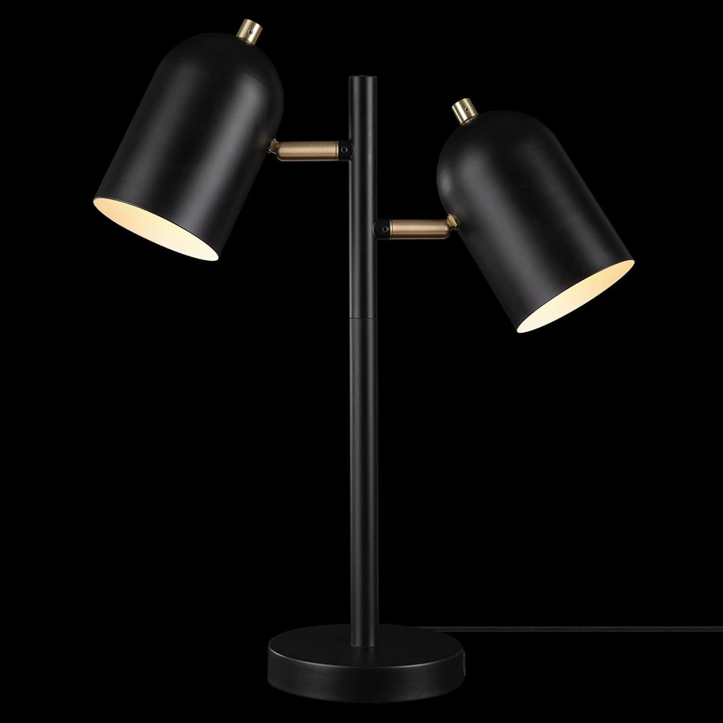 52994 19" 2-Light Desk Lamp, Matte Black, Matte Brass Accents, 2.1A USB Port, On/Off Rotary Switch on Each Shade