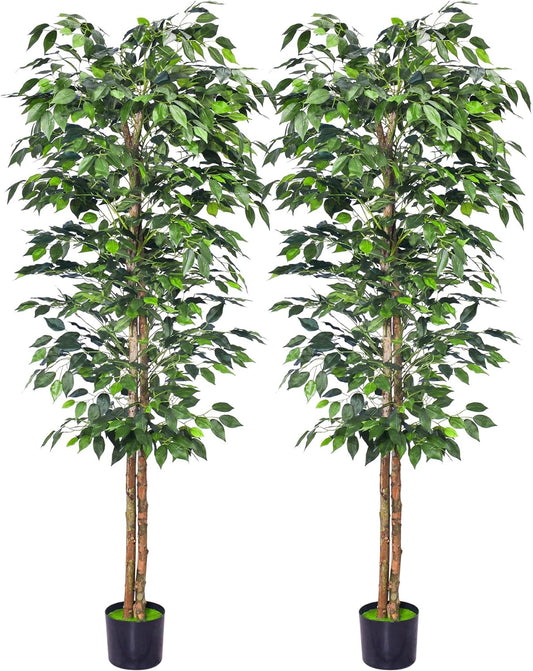 2Packs 6FT Artificial Ficus Trees with Realistic Leaves and Natural Trunk, Faux Ficus Tree with Sturdy Plastic Nursery Pot, Fake Ficus Tree for Office Home Farmhouse for Indoor Outdoor Decor