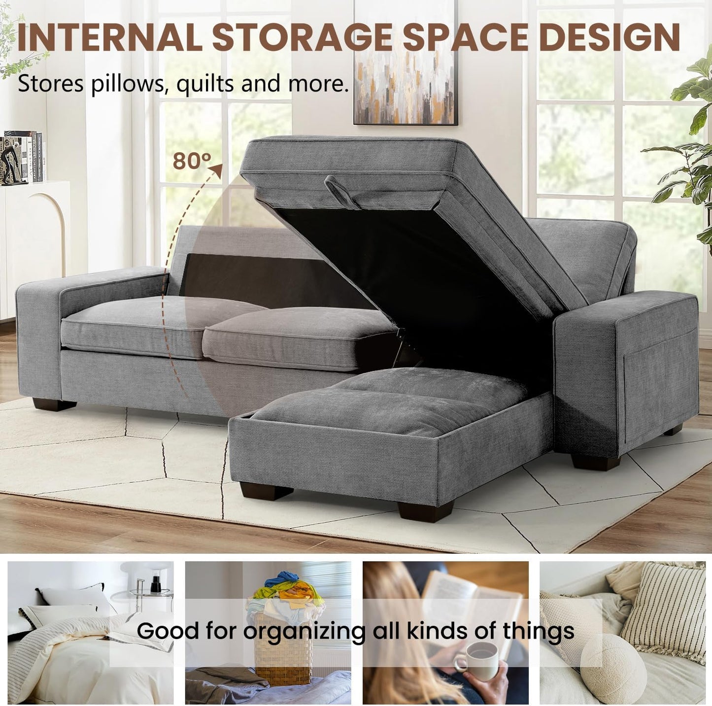 99“ Convertible Sectional Sofa,L Shaped Couch,Multi-Functional Reversible Sofa with USB and Type-C Charging Ports, Storage Space, Breathable Fabric (Gray)