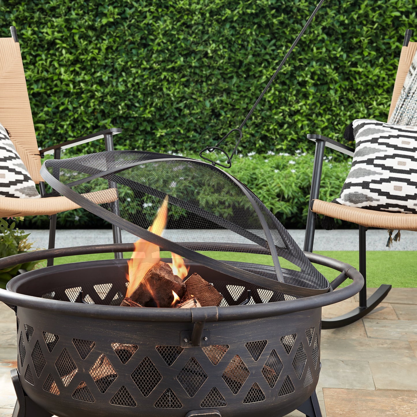 35" round Lattice Wood Burning Fire Pit with Cover, Antique Bronze - Design By Technique