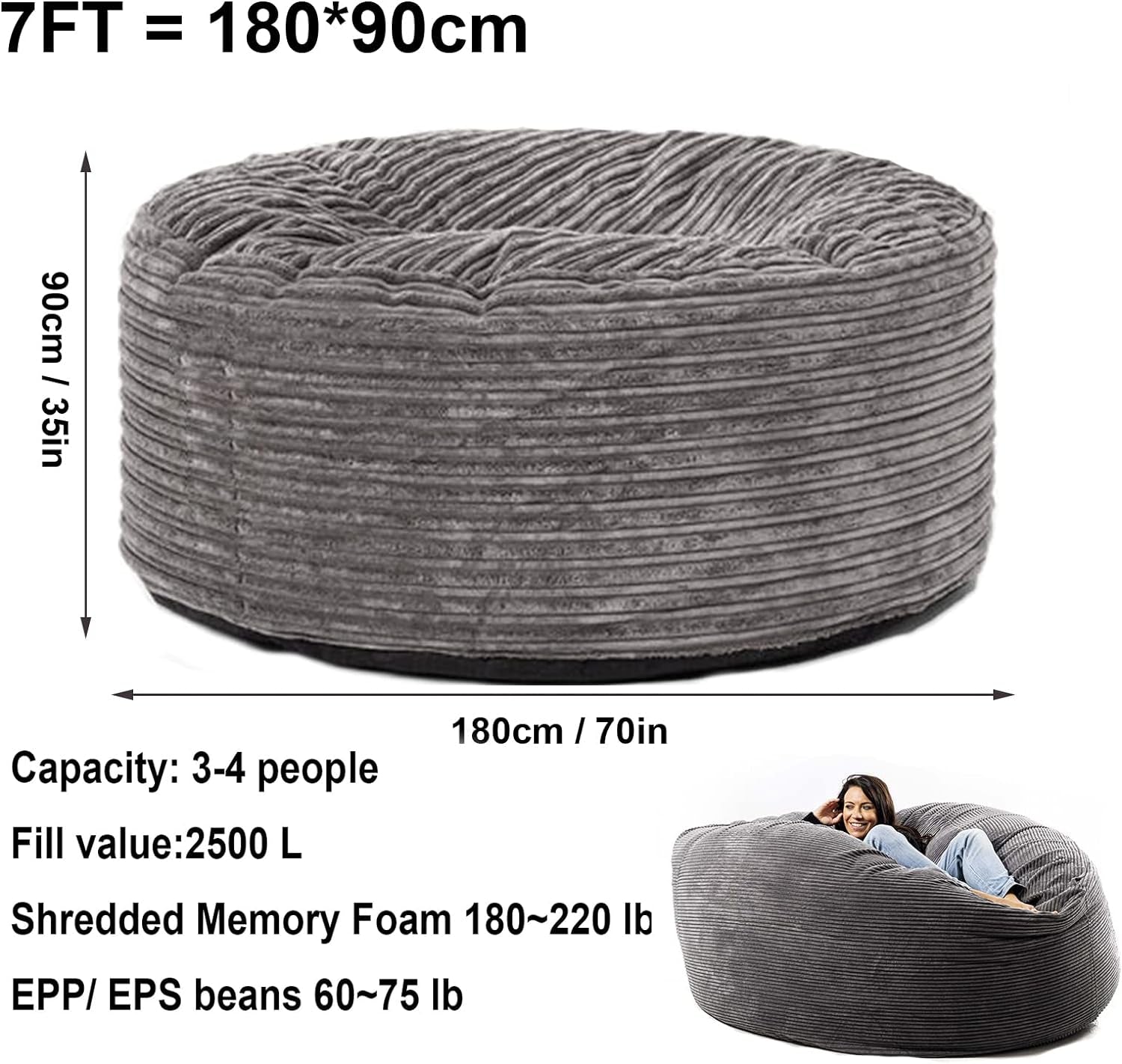 Bean Bag Cover Big Bean Bag Chair for Adults 7Ft Giant Comfy Bean Bag Bed Replacement Covers Fluffy Lazy Sofa (No Filler, Cover Only)