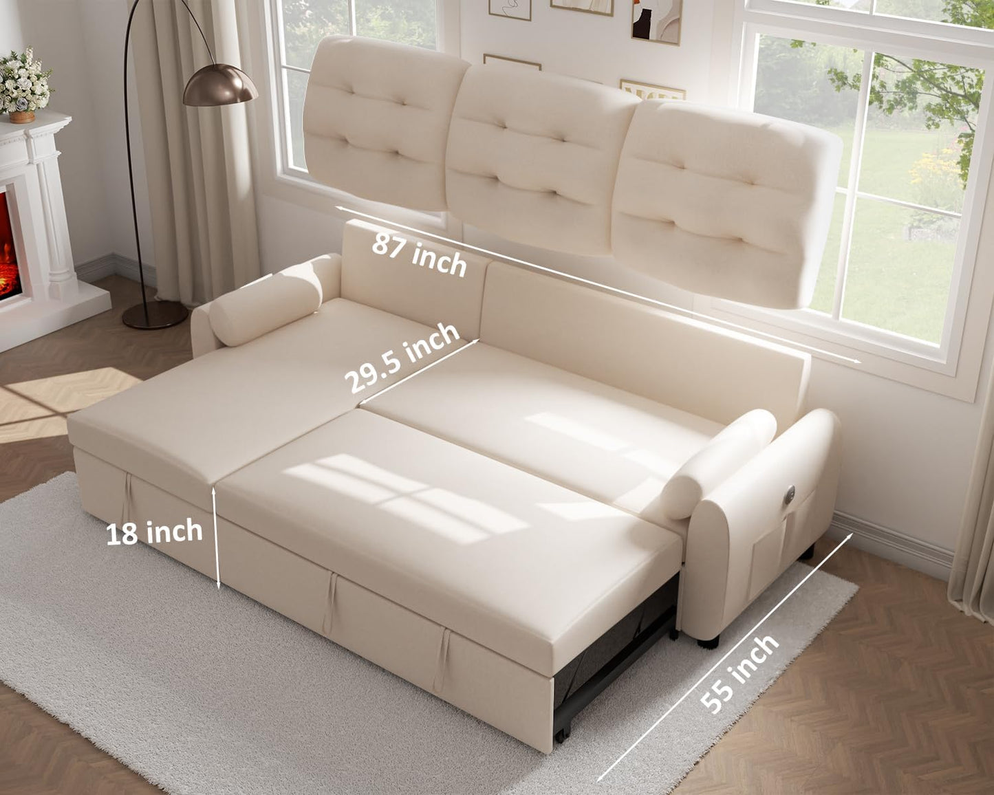 Sectional Sofa Couch, 87" Sleeper Sofa Bed with Reversible Storage Chaise Pull Out Couch for Living Room | Side Pocket | Charging Station | Removable Backrest | Linen Fabric, Beige