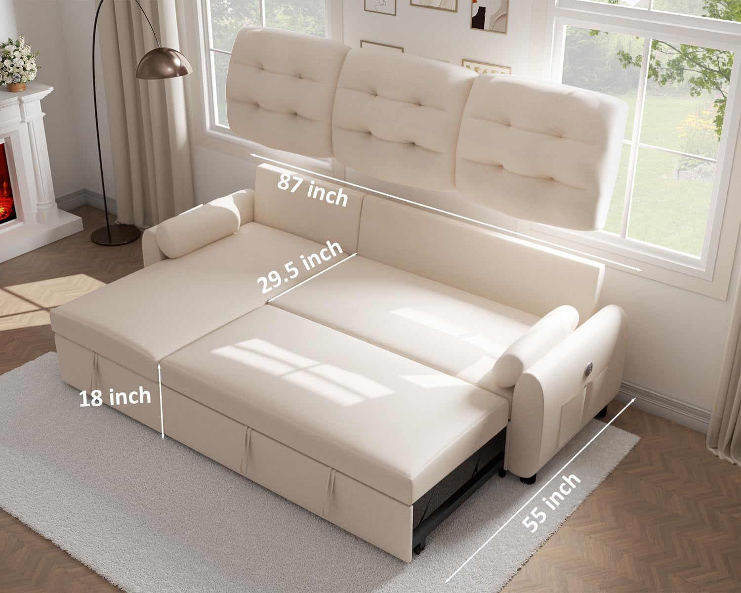 Sectional Sofa Couch, 87" Sleeper Sofa Bed with Reversible Storage Chaise Pull Out Couch for Living Room | Side Pocket | Charging Station | Removable Backrest | Linen Fabric, Beige