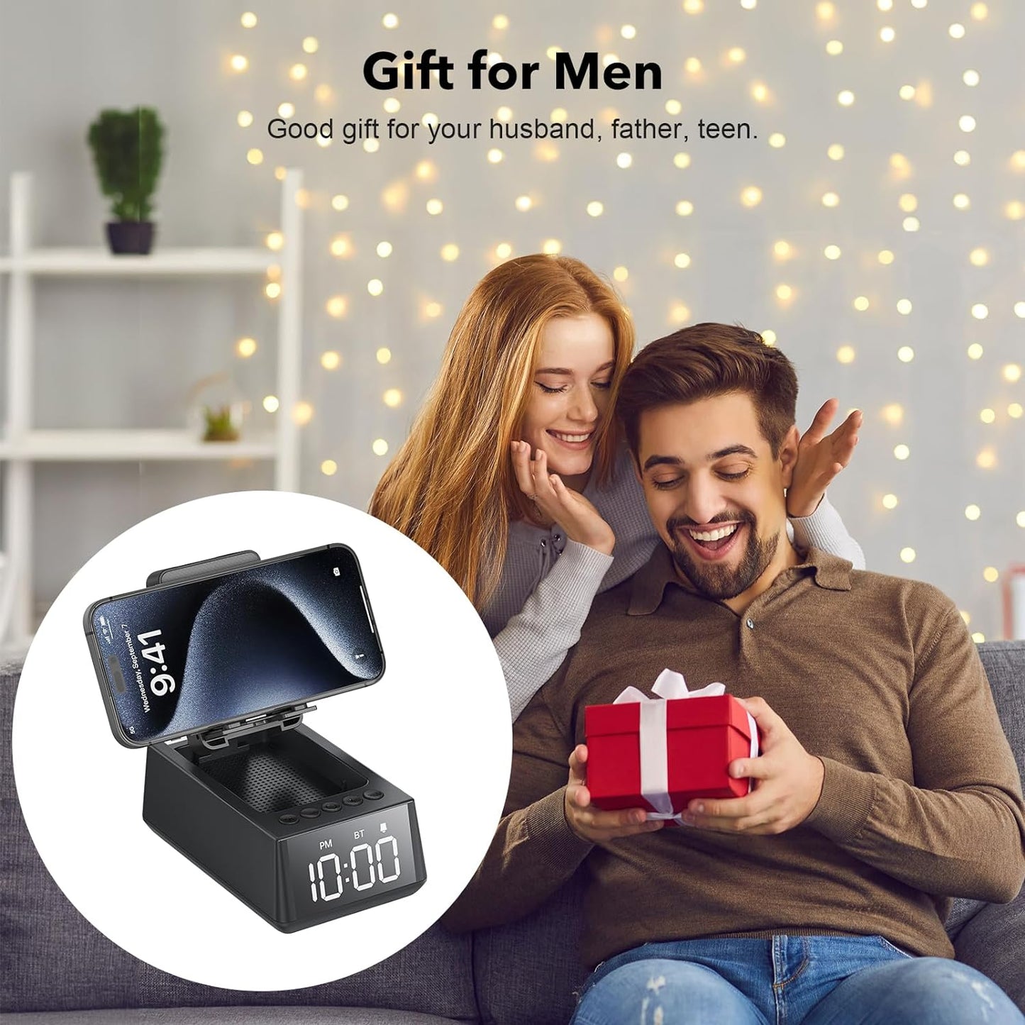 Presents for Men/Women, Cell Phone Stand with Wireless Bluetooth Speaker, 12H Time Display Unique Presents for Him, Husband, Boyfriend, Dad, Her, Wife, Mom, Cool Multi Functional Gadget (Crow Black)