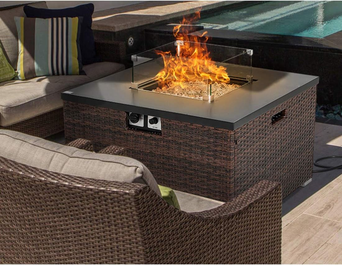Outdoor Propane Burning Fire Table, Dark Brown Rattan Fire Fit Table 40,000 BTU, Waterproof Cover for Garden, Backyard - Design By Technique