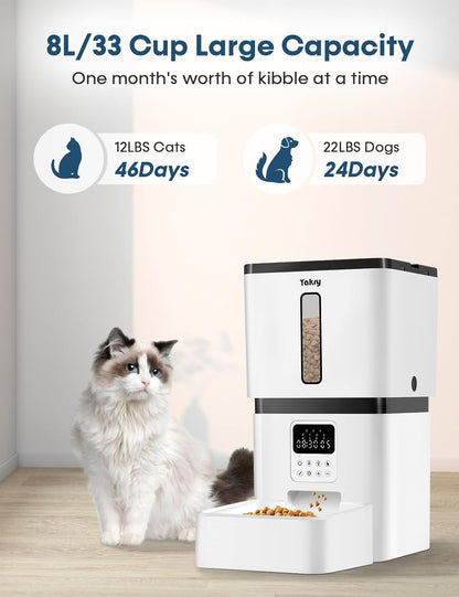 Automatic Dog Feeder Easy Setup - 8L/33 Cups Large Capacity Dog Food Dispenser Battery Operated with 180-Day Life - Timed Cat Feeder Record 20S Voice Desiccant Bag for Cats and Small Medium Dogs