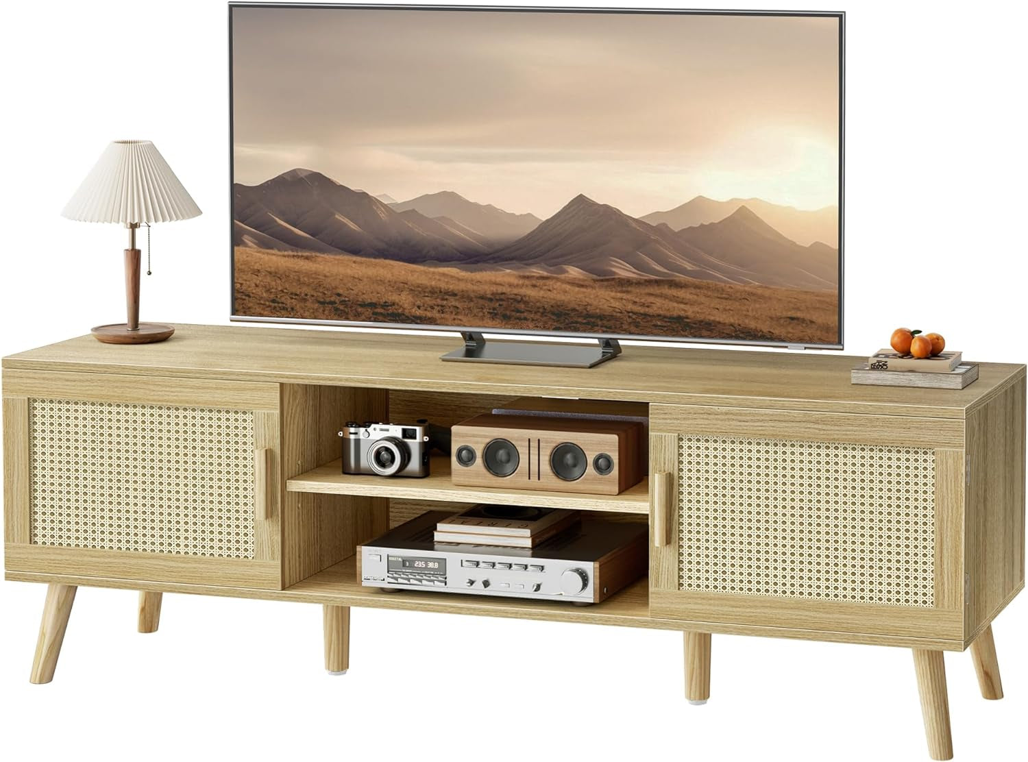 Boho TV Stand for 55 Inch TV, Entertainment Center with Adjustable Shelf, Rattan TV Console with 2 Cabinets, Media Console, Solid Wood Feet, 4 Cord Holes, for Living Room - Natural