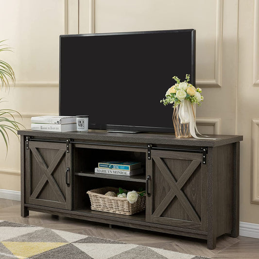 Modern Farmhouse TV Stand with Sliding Barn Doors, Media Entertainment Center Console Table for Tvs up to 65”,2-Tier Large Storage Cabinets,Rustic TV Stand for Living Room Bedroom,Dark Grey