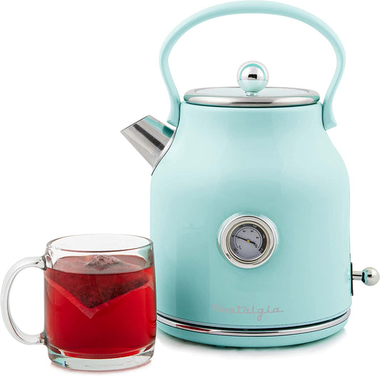 Retro Stainless Steel Electric Tea and Water Kettle, 1.7 Liters, Auto-Shut off & Boil-Dry Protection, Water Level Indicator Window, Aqua