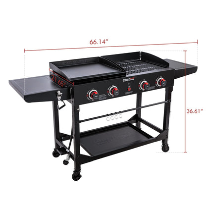 4-Burner GD402 Portable Flat Top Gas Grill and Griddle Combo with Folding Legs, 48,000 BTU, Black