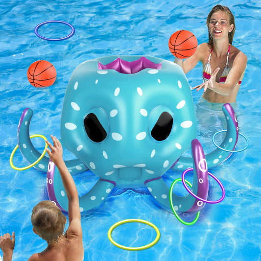 Octopus Pool Toys, 2-In-1 Inflatable Basketball Hoop & Ring Toss Games for Indoor Outdoor Water Play, Cool Family Party Gift Summer Toys for Ages 3 4 5 6 7 8 Year Old Boys Girls Teens