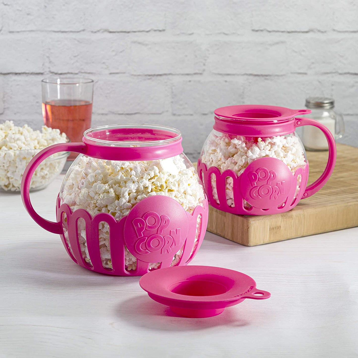 Patented Micro-Pop Microwave Popcorn Popper with Temperature Safe Glass, 3-In-1 Lid Measures Kernels and Melts Butter, Made without BPA, Dishwasher Safe, 3-Quart, Pink