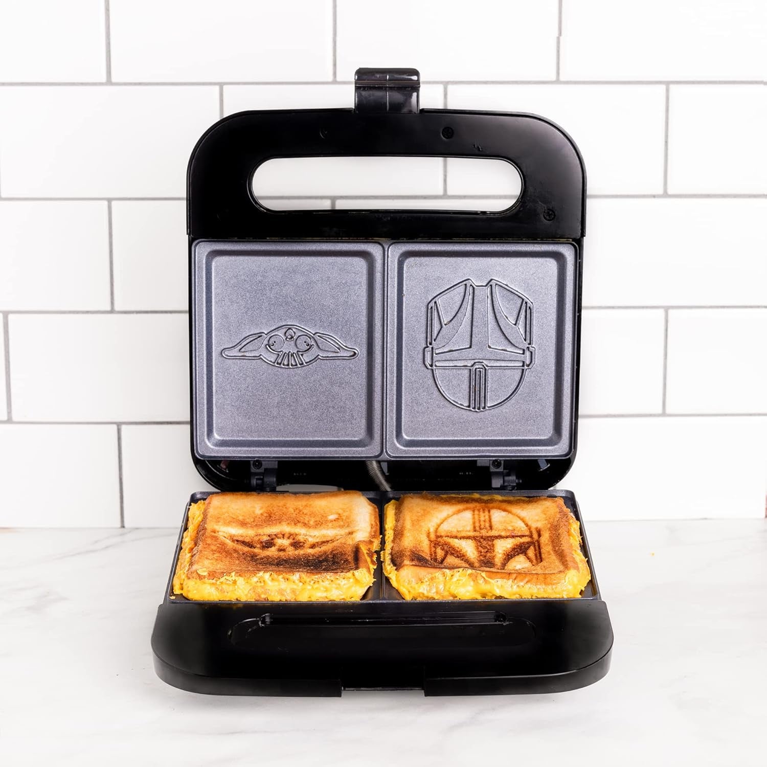 the Mandalorian Grilled Cheese Maker- Panini Press and Compact Indoor Grill- Baby Yoda and Mando Sandwich