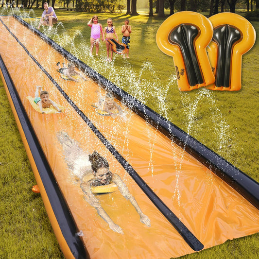 Slip Water Slide for Kids and Adults, 26Ft Extra Long Double Slip with 2 Inflatable Bodyboards, Adults and Kids Slip Water Slide for Backyard Lawn, Summer Outdoor Water Toy - Design By Technique