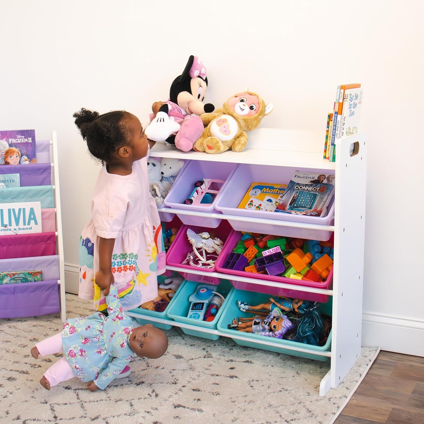 , White/Pink/Purple/Aqua Forever Toy Organizer with Shelf and 9 Storage Bins