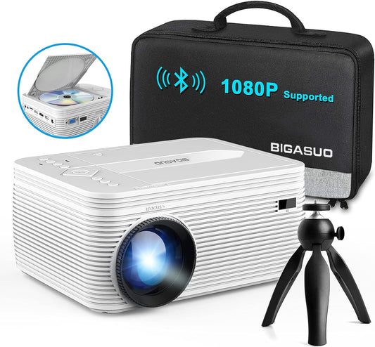 HD 9000L Bluetooth Projector Built in DVD Player, Mini Projector 1080P and 250”Supported with Tripod/ Carry Bag, Projector Compatible W/ TV Stick, PS5, Laptop, Portable Outdoor Movie Projector
