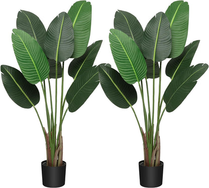 Two 4 Foot Artificial Silk Bird of Paradise Palm Tree Potted Plant，Fake Plants with 8 Trunks, 48 Inches Fake Banana Leaf Plants with Pot for Home Decor Indoor Outdoor Living Room Office