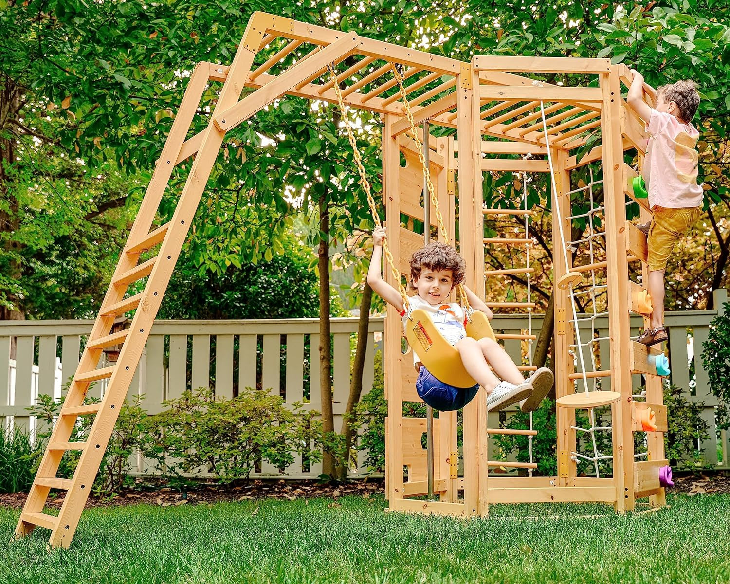 Hawthorn 9-In-1 Outdoor Activity Center | Swing, Rock Wall, Monkey Bars | Ages 3-11 | Pine Wood Construction | Climbing Rope, Net Wall | Strength, Coordination, and Imagination-Boosting Fun