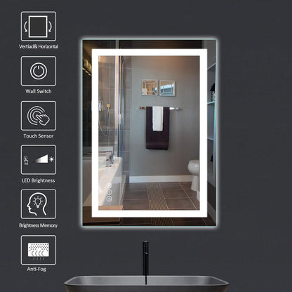 LED Bathroom Mirror 28"X 36" with Front and Backlight, Stepless Dimmable Wall Mirrors with Anti-Fog, Shatter-Proof, Memory, 3 Colors, Double LED Vanity Mirror (Horizontal/Vertical)