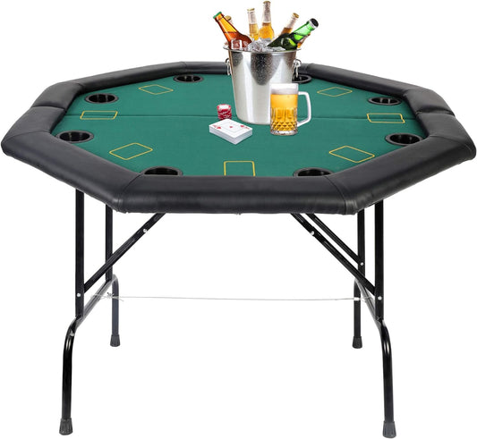 Folding Poker Table 8 Players Octagon Game Table with Leg & Plastic Cup Holders for Blackjack,Texas Poker Casino Game