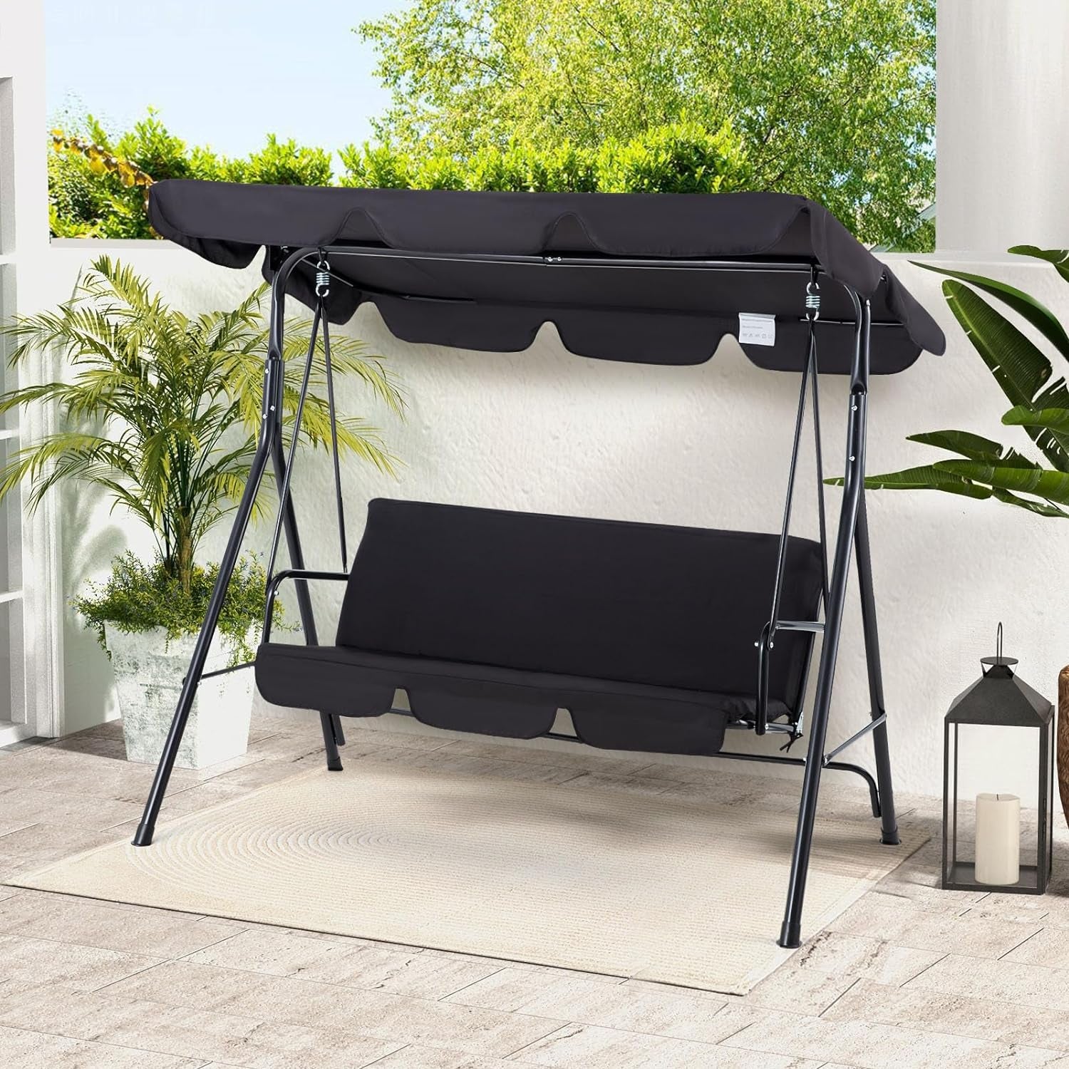 Outdoor Patio Swing Chair for Adults, 3-Seat Porch Swings with Adjustable Canopy, outside Swing Bench with Removable Cushion, Suitable for Backyard, Garden, Yard, Poolside, Balcony (Black)