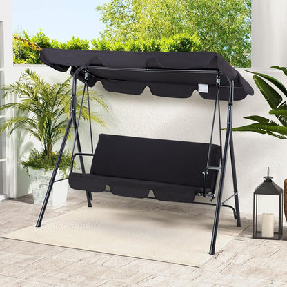 Outdoor Patio Swing Chair for Adults, 3-Seat Porch Swings with Adjustable Canopy, outside Swing Bench with Removable Cushion, Suitable for Backyard, Garden, Yard, Poolside, Balcony (Black)