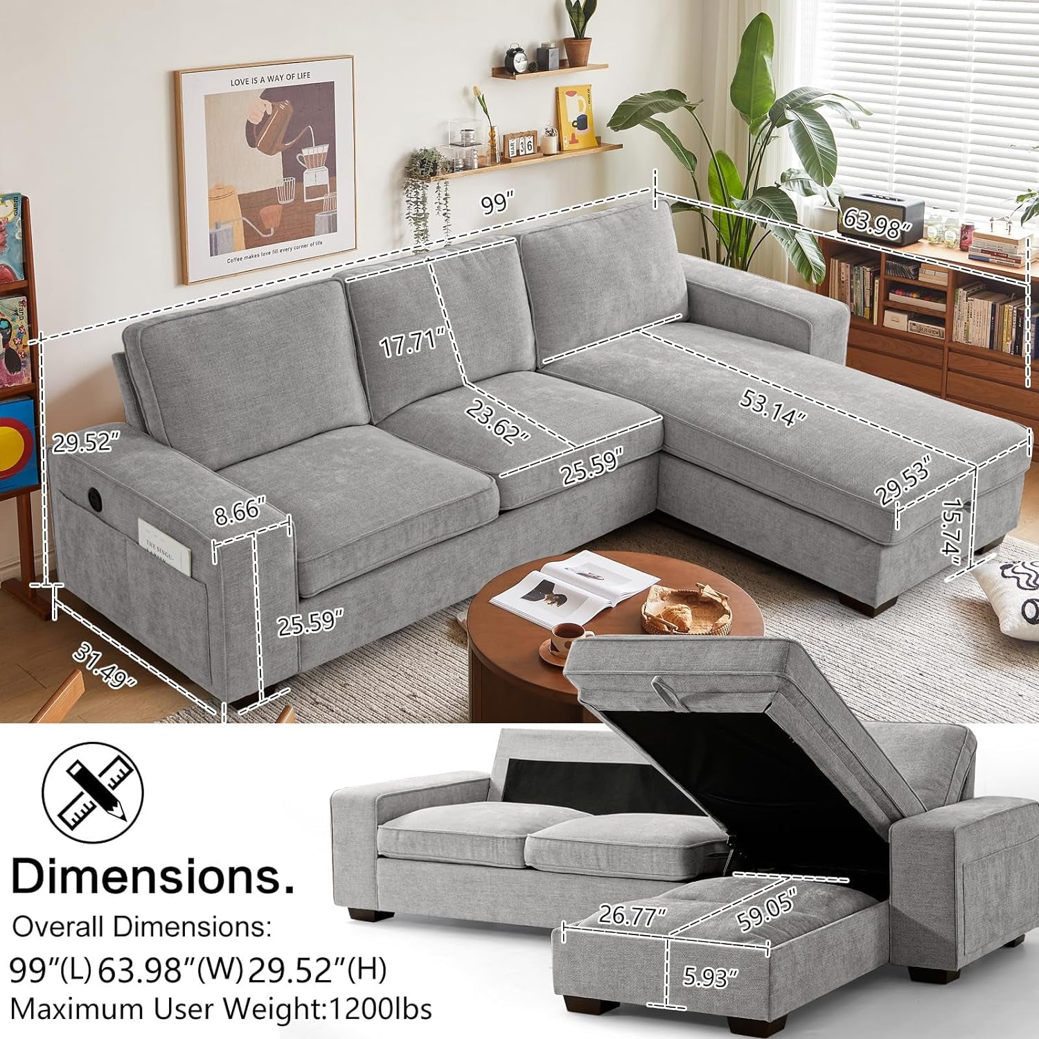 99“ Convertible Sectional Sofa,L Shaped Couch,Multi-Functional Reversible Sofa with USB and Type-C Charging Ports, Storage Space, Breathable Fabric (Gray)