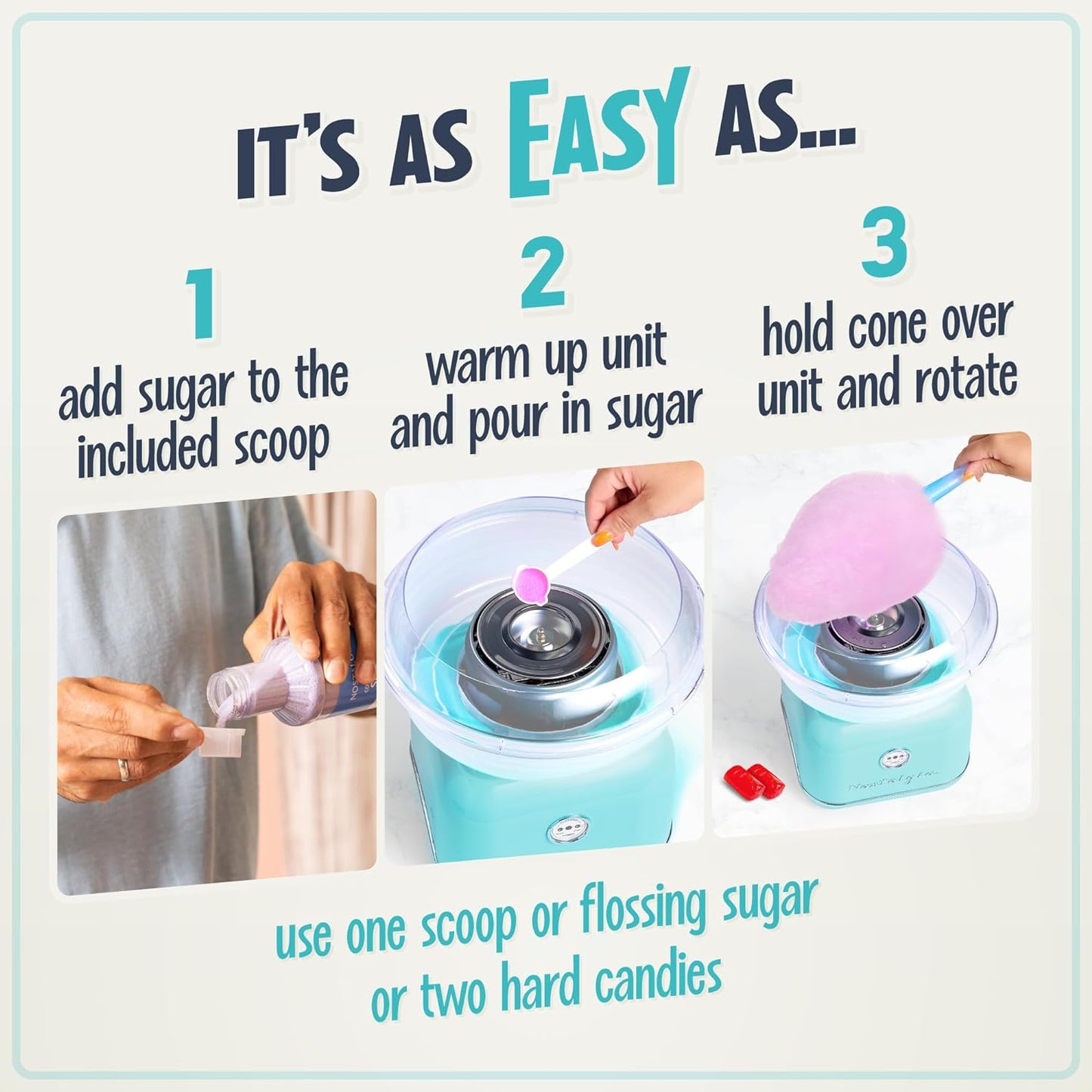 Classic Countertop Cotton Candy Machine, Manual, Retro Vintage Candy Maker Includes 2 Reusable Cones & Scoop, Aqua