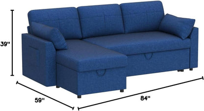 Sofa Bed, Sleeper Sofa with Storage Chaise- 2 in 1 Pull Out Couch Sofa for Home Office, Living Room, Comfy Sofa Sleeper, Blue Linen Couch