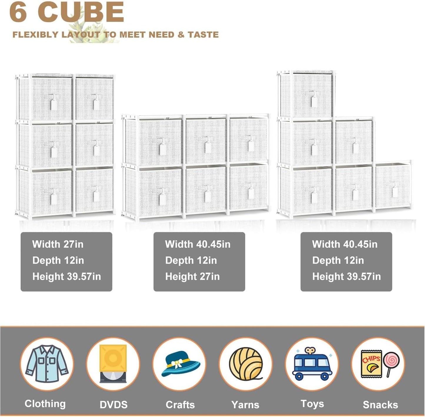 Cube Storage Organizer Shelf with 6 Printed Bins + Labels, Cubby Storage Organizer with Bins, Large Capacity Shelves for Storage,Closet, Living Room, Dorm, Yarn