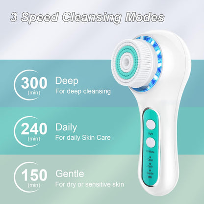 Facial Cleansing Brush, IPX7 Waterproof Face Scrubber with 3 Speed Modes, Face Brushes for Cleansing and Exfoliating with 5 Brush Heads, 1000Mah USB Rechargeable (Fresh Green)