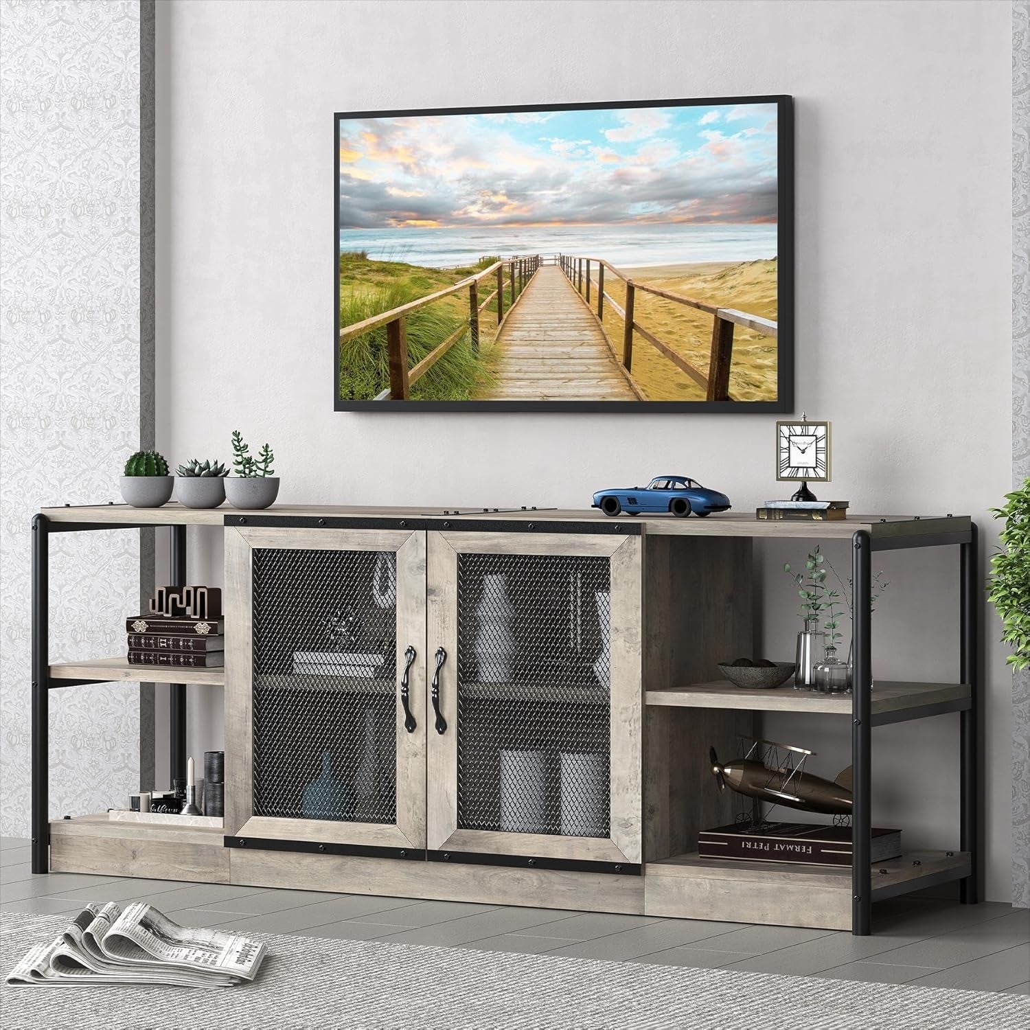 TV Stand for 65 Inch TV with Mesh Door, Grey TV Entertainment Center with Storage, Industrial TV Console Table for Living Room, TV Media Console for Bedroom- Rustic Grey TV Stand