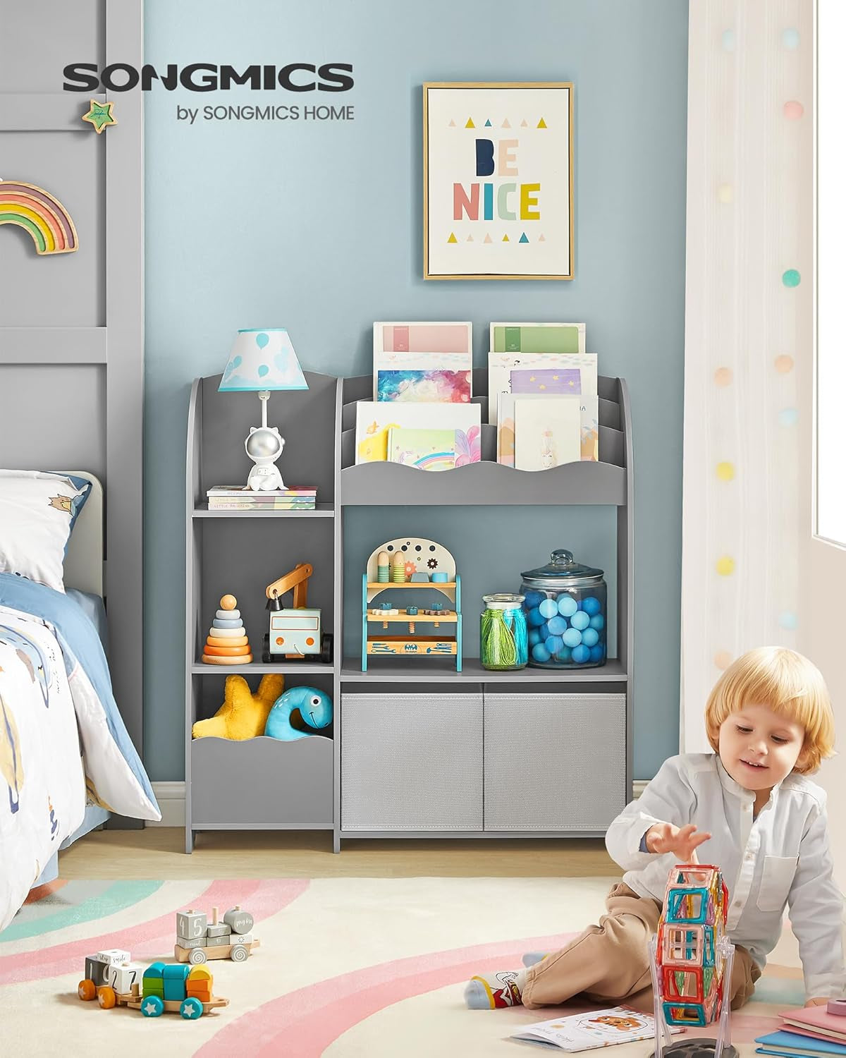 Toy and Book Organizer for Kids, Kids Bookshelf and Toy Storage, Storage Organizer with 2 Storage Boxes, for Playroom, Children'S Room, Living Room, Dove Gray UGKR042G01