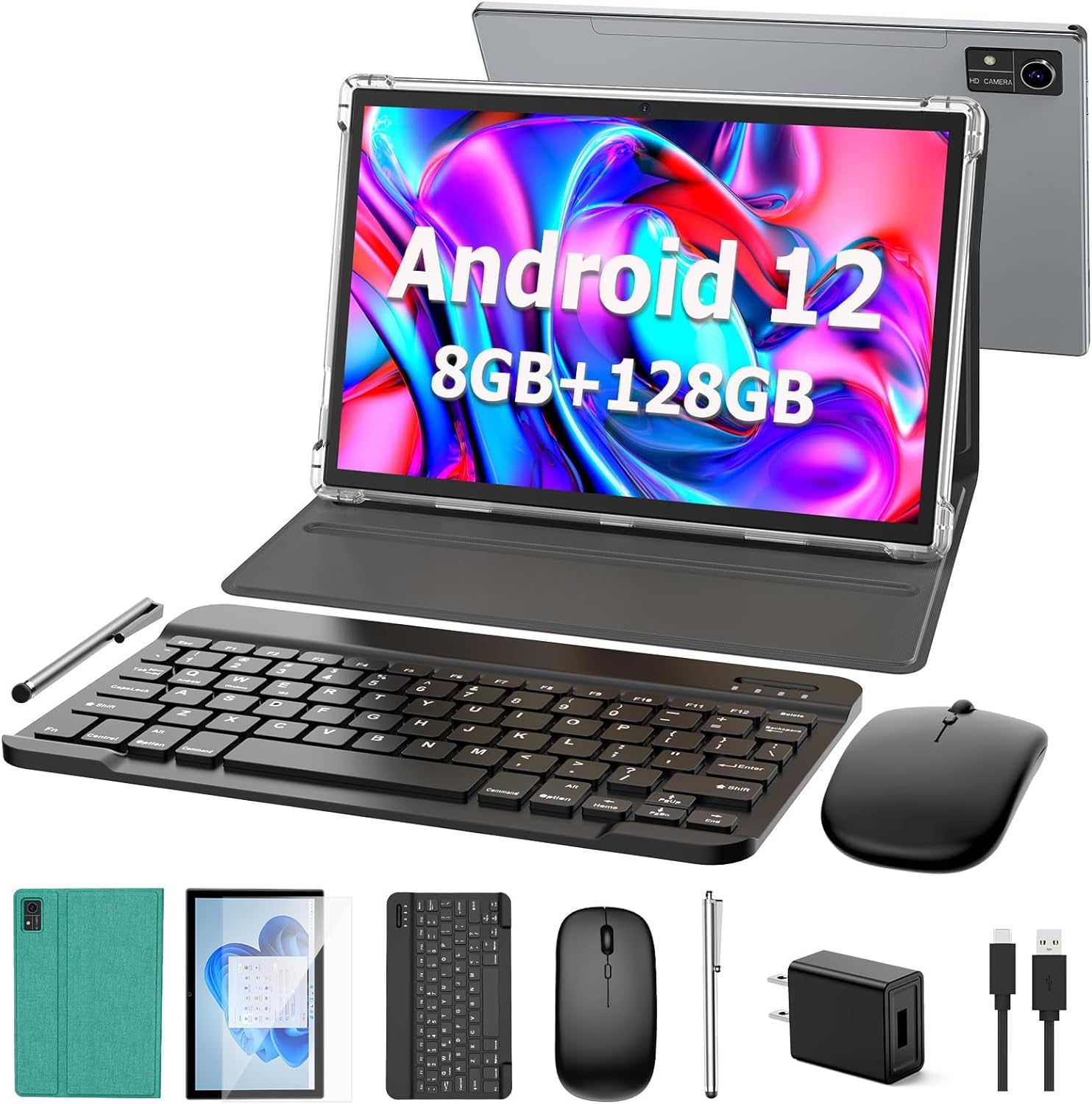 Android Tablet 10 Inch, Android 12 Tablet, 8GB RAM 128GB ROM,1TB Expand, 5G Wifi, 4G/LTE, Bluetooth, 8000Mah Battery, GMS Certified, 2 in 1 Tablet with Keyboard, Mouse, Case, Stylus(Green)