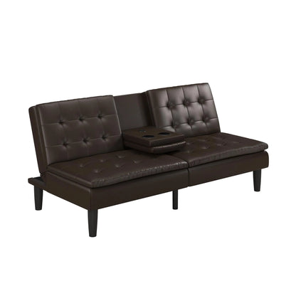 Memory Foam Futon with Cupholder and USB, Dark Brown Faux Leather - Design By Technique